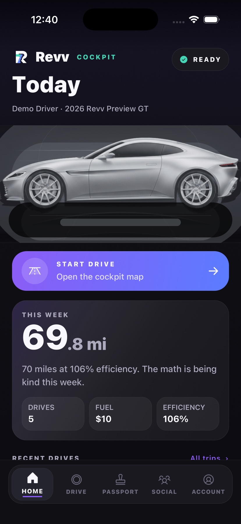 Revv home cockpit with active garage and weekly drive summary