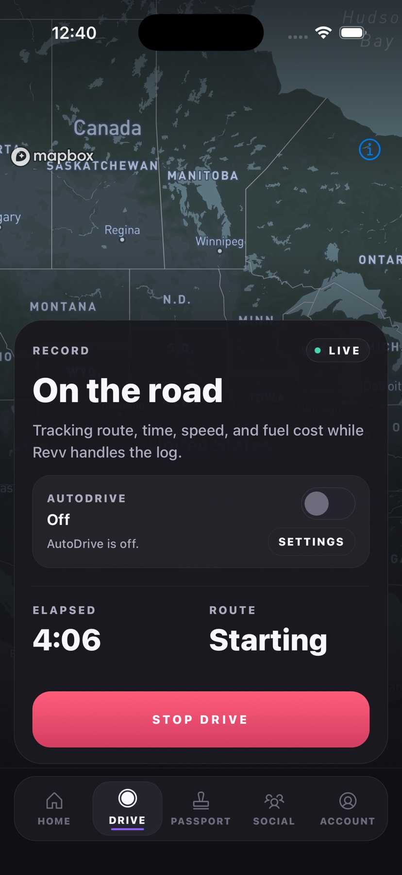 Revv recording screen with a live map and drive controls