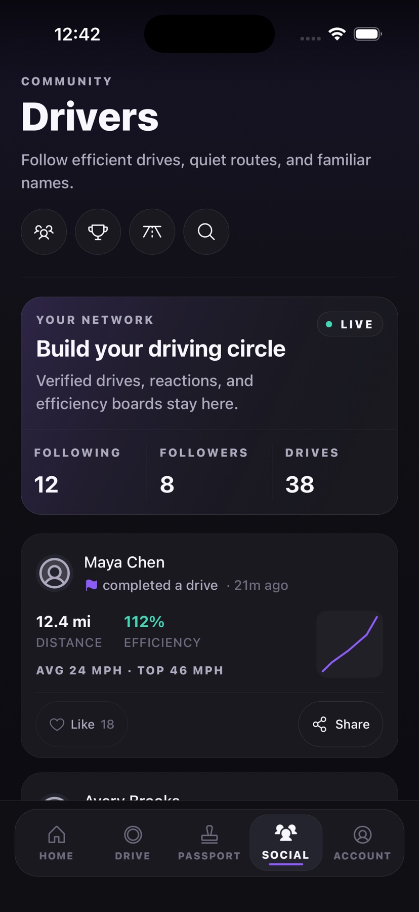 Revv social screen with driver network and efficiency feed